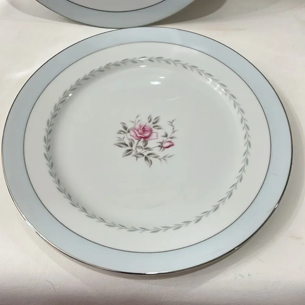 Regency White Blue Silver Trim Pink Floral Rose Set 2 Dinnerware Plate 10 1/4 In